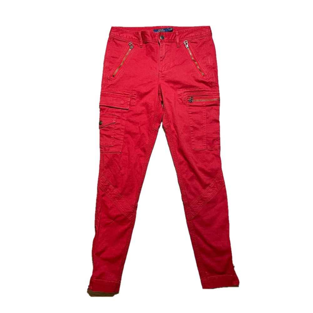 Polo Ralph Lauren Red Cargo Skinny Pants Size 8 High Rise Utility Zip Pocket